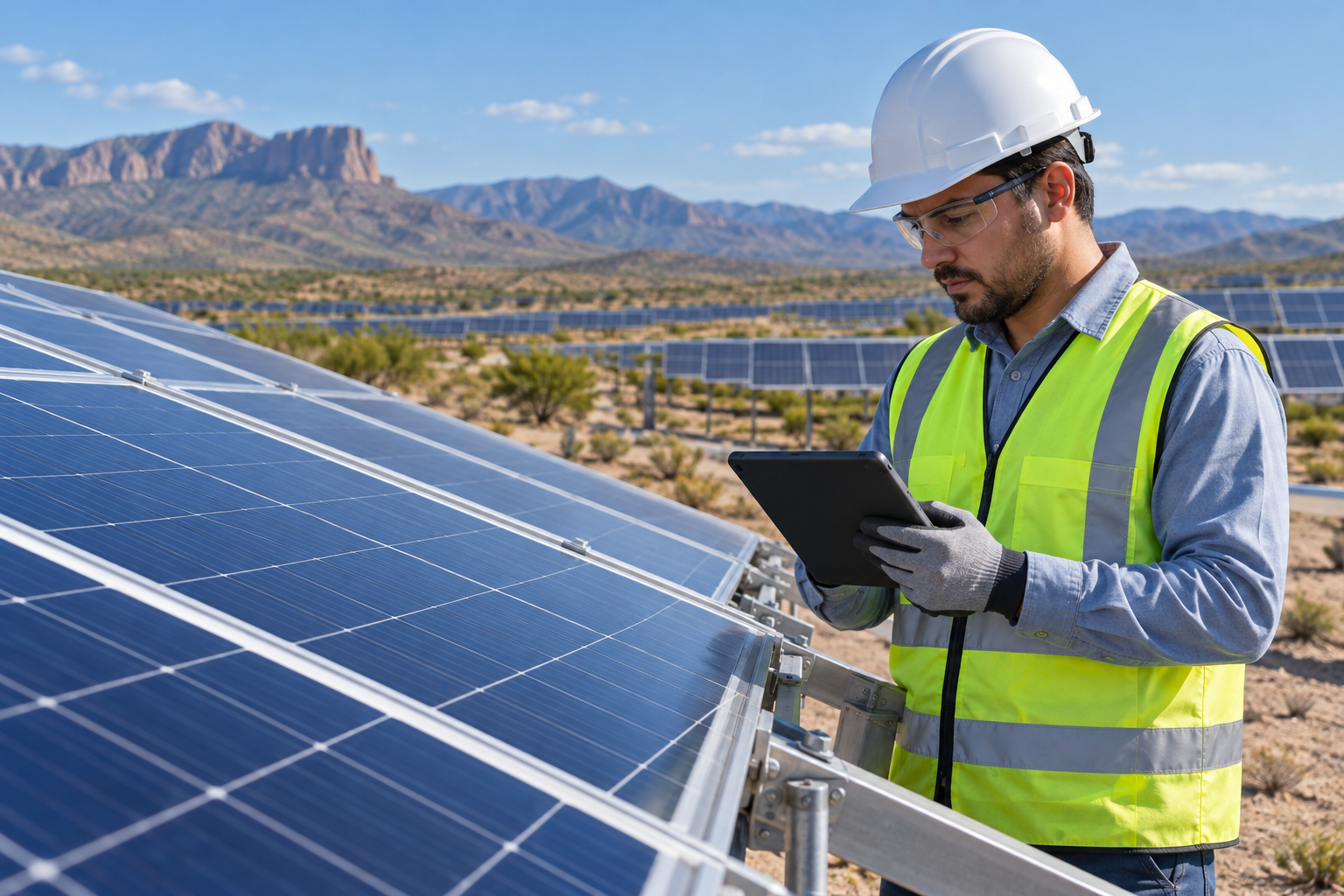 Escena ilustrativa de un profesional revisando un proyecto fotovoltaico